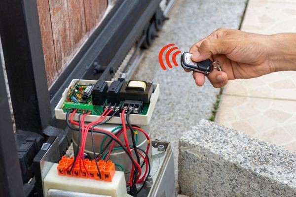 A hand holding a remote control is pressing a button to activate the driveway gate opener. The open circuit box reveals wires and components. The surroundings include concrete and tiled surfaces. Red waves indicate the signal from the remote.