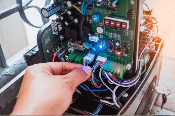 A close-up of a person's hand working on an open and illuminated circuit board with various colorful wires and components. The person appears to be troubleshooting or assembling, possibly for an electric gate system, with sunlight filtering in from the right side of the image.