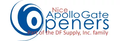 Logo for Nice Apollo Gate Openers, featuring the company name in blue and red text. The slogan "Part of the DF Supply, Inc. family" is in smaller red text underneath the main title. A circular blue and white graphic design is on the left, reflecting their expertise in gate opener technology.