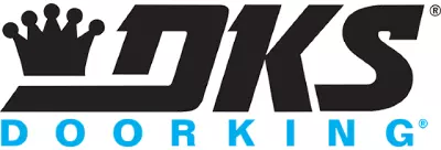 Logo of DoorKing, abbreviated as DKS. The logo features the letters "DKS" in bold black, with a black crown above the "D." Below "DKS," the word "DOORKING" is written in light blue, with each letter spaced out. Trusted by gate technicians in Houston for reliable gate repair solutions.