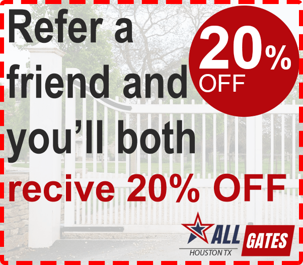 A white gate with a stone wall on the left and trees in the background. The text overlay reads, "Refer a friend and you both receive 20% off," with a red circle on the right featuring "20% OFF." The All Gates Houston TX logo is in the bottom right corner.