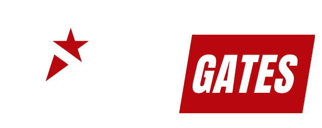 The image shows a logo for "All Gates" with a stylized star on the left and text reading "HOUSTON TX" underneath. The word "ALL" is in white, and "GATES" is in bold white on a red background. The star is white with a red star shape inside it.