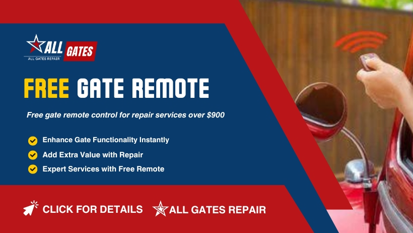 Advertisement for All Gates Repair. Image includes a red banner promoting a free remote for gate repair services over $900, with a person pointing a remote at a red gate. Highlights: Enhance gate functionality, extra value with repair, expert services.