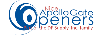 Logo for Nice Apollo Gate Openers, featuring a circular, blue abstract design to the left and the company name in blue and red text to the right. Below the company name, it reads, "Part of the DF Supply, Inc. family" in red text—ideal for all your gate opener needs.